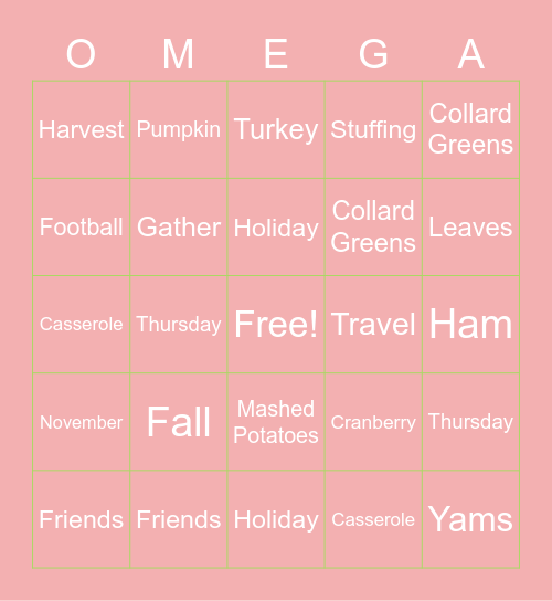 Retired Sorors Seasons of Thanksgiving Bingo Card