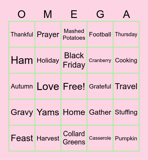 Retired Sorors Season of Thanksgiving Bingo Card