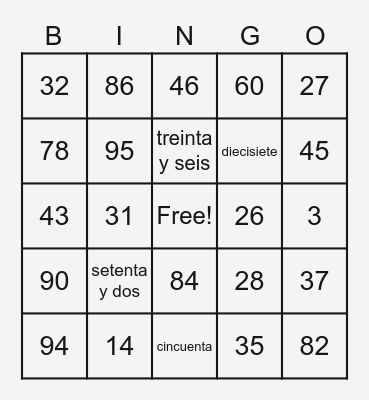 Los Números 1-100 Bingo Card