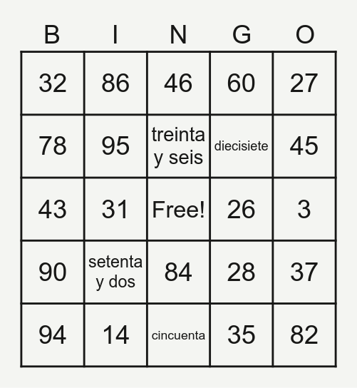 Los Números 1-100 Bingo Card