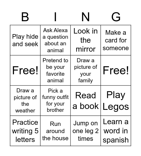 " I'm Bored" Bingo Card