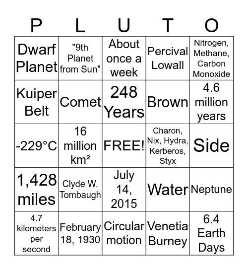 Pluto Bingo! Bingo Card