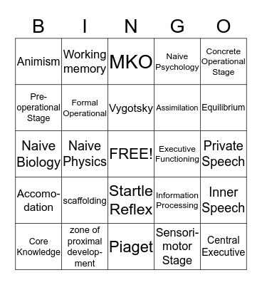 Cognitive Development Bingo Card