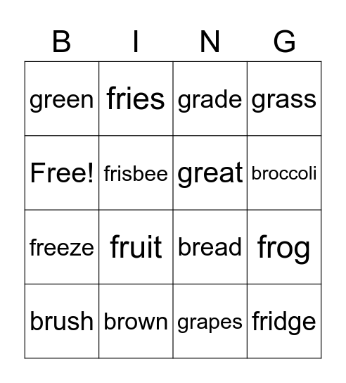 Fr, Br and Gr Phonic Sounds Bingo Card