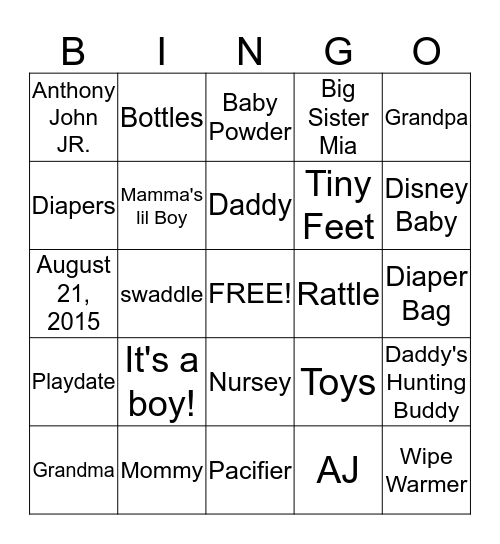 Jennifer's Baby Shower Bingo Card
