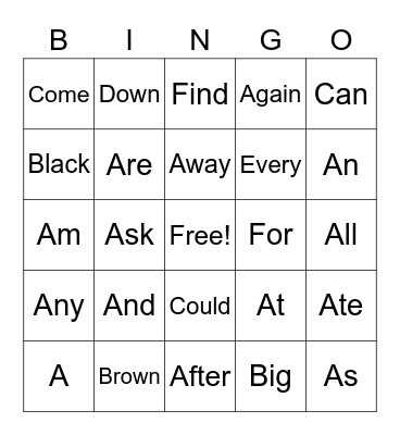 Sight Words Bingo Card