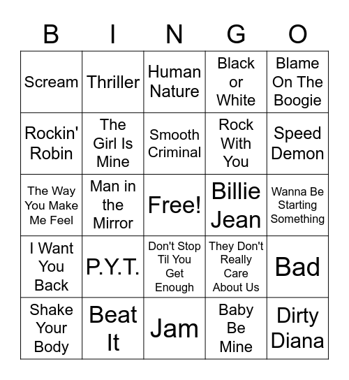 Michael Jackson BINGO MB Bingo Card