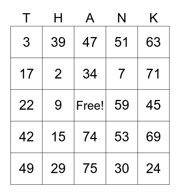 THANKSGIVING BINGO Card