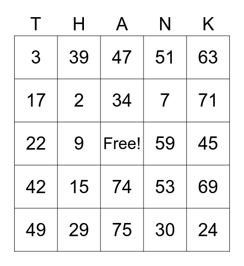 THANKSGIVING BINGO Card