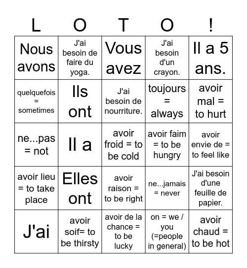 Avoir expressions Bingo Card