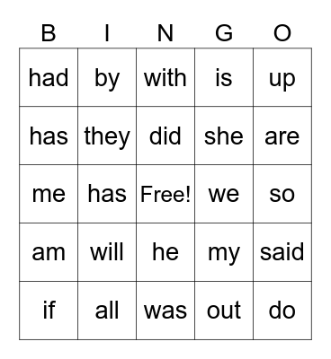 HEART words Bingo Card