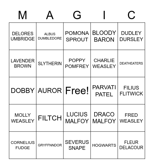 Harry Potter Bingo Card