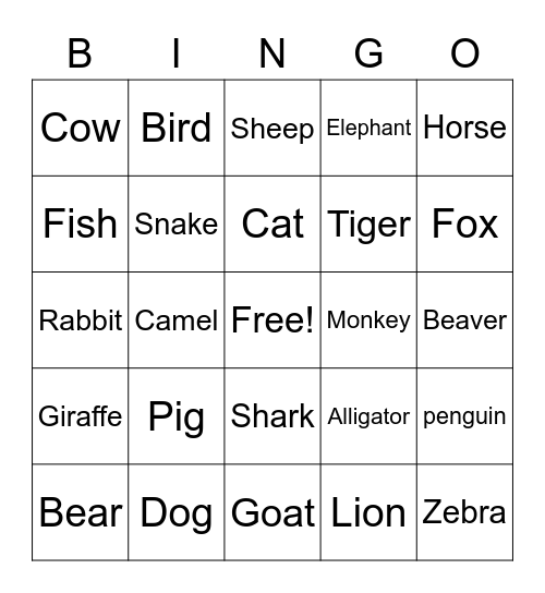 Animals Bingo Card