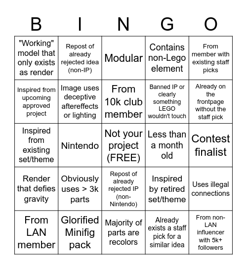 LEGO IDEAS staff pick grievances Bingo Card