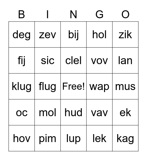 Nonsence Word Bingo Card