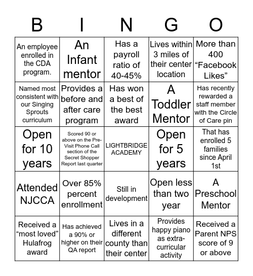Find a Center or Person with: Bingo Card
