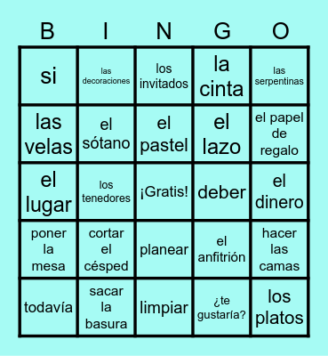 ¡El Vocabulario de las Fiestas! Bingo Card