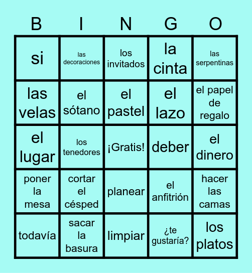 ¡El Vocabulario de las Fiestas! Bingo Card