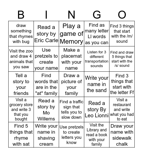 Literacy Bingo Card