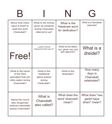 Hannukah Bingo Card