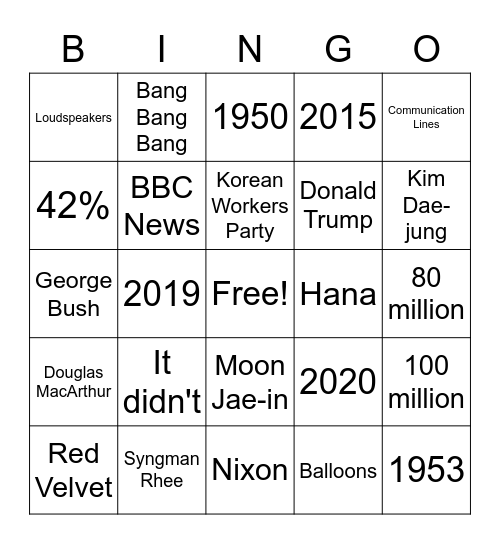 Korea Bingo Card