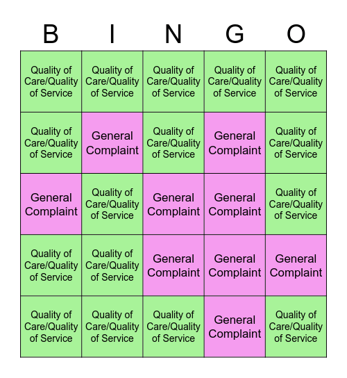 Quality of Care/Quality of Service vs General Complaint Bingo Card