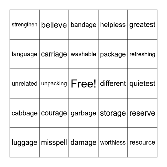 Spelling Words Bingo Card