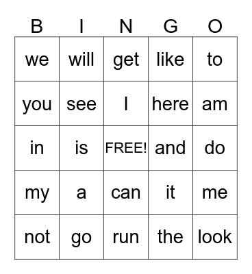 sight words Bingo Card