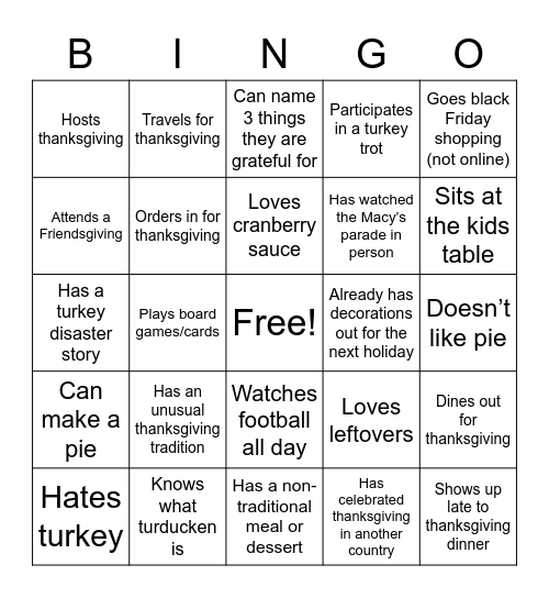 Thanksgiving Bingo Card