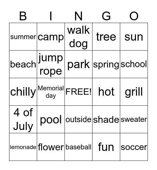 Summer and Spring Bingo Card