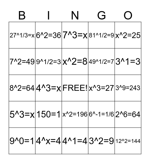 Exponentials Bingo Card