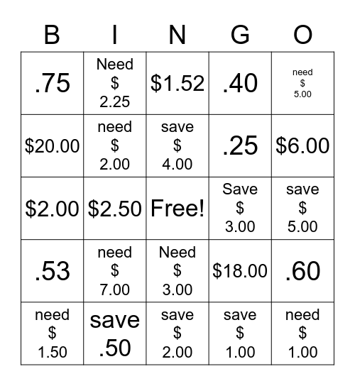 SPEND VS. SAVINGS Bingo Card
