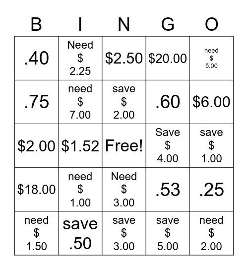 SPEND VS. SAVINGS Bingo Card