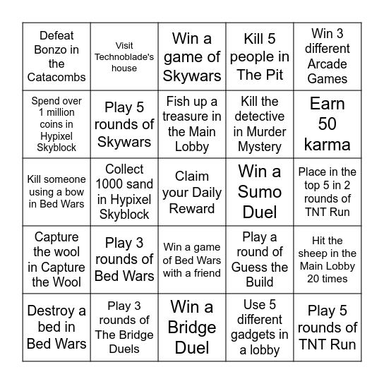 Hypixel Minigames Bingo Card