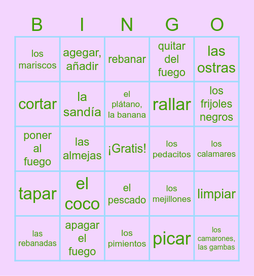 La Cocina y La Comida Parte 2 Bingo Card