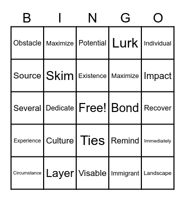 Vocabulary Review BINGO with Miss Sissem Bingo Card