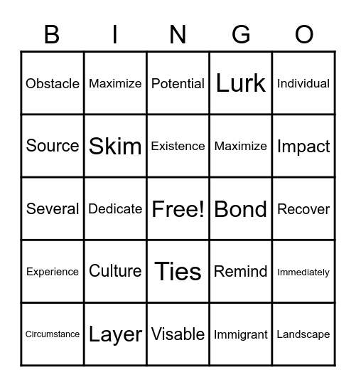 Vocabulary Review BINGO with Miss Sissem Bingo Card