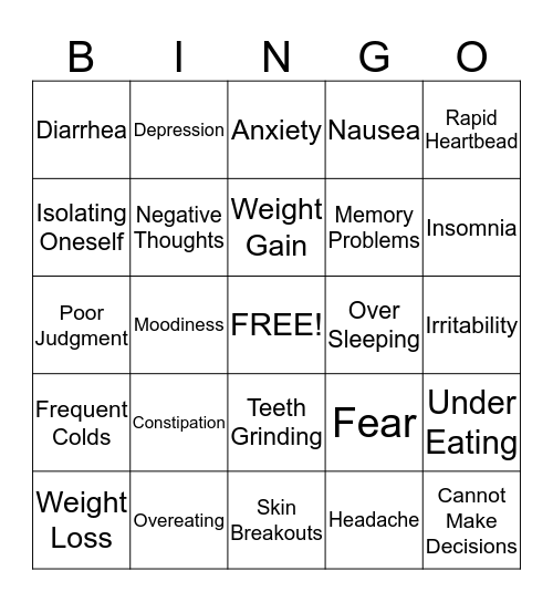 Signs of Depression Bingo Card