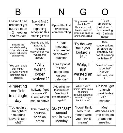 Cyber + Manager Bingo Card