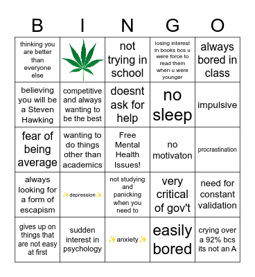Gifted Kid Burnout Bingo Card