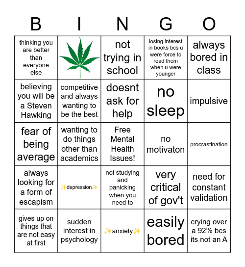 Gifted Kid Burnout Bingo Card