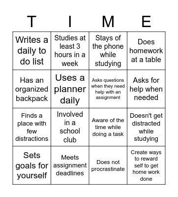 Time Management BINGO Card