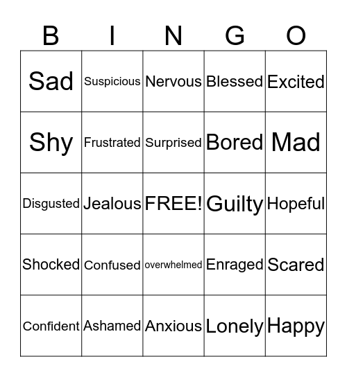 FEELINGS Bingo Card