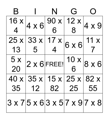 Multiplication Bingo Card