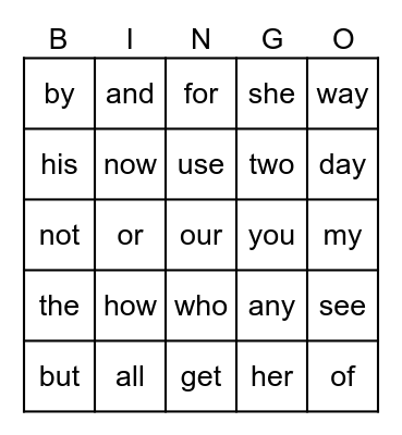 Words  I  Know Bingo Card