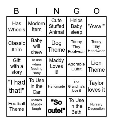 Baby Shower Bingo Card