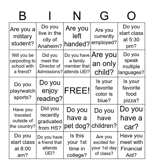 UEI College Bingo Card