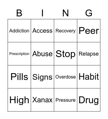 XANAX Bingo Card