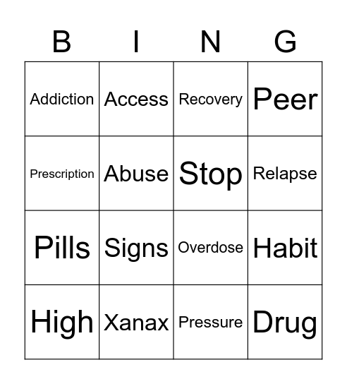 XANAX Bingo Card