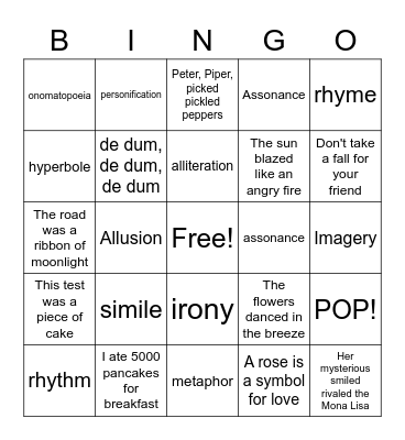 Poetic Devices Bingo Card